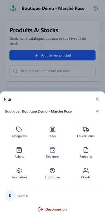 Menu « Plus » de l'application : choix de la boutique active en haut, puis catégories, stock, fournisseurs, achats, dépenses, rapports, paramètres, historique et clients.