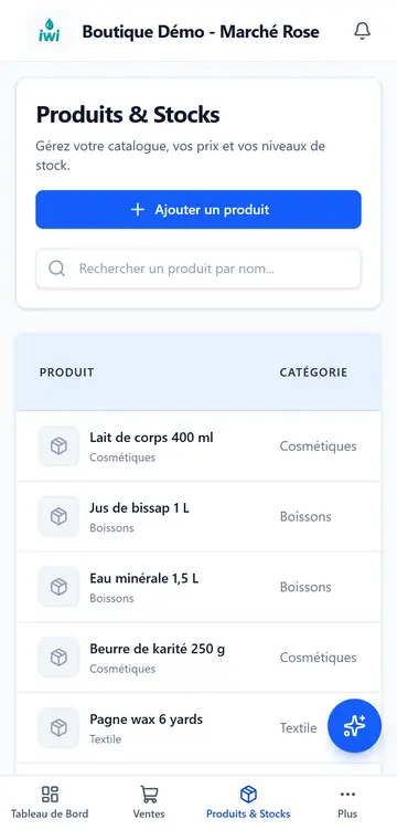 Écran Produits et stocks : recherche par nom et liste des produits avec leur catégorie.