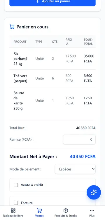 Écran Ventes : panier de trois articles, montant net à payer 40 350 FCFA, paiement en espèces, options vente à crédit et facture.